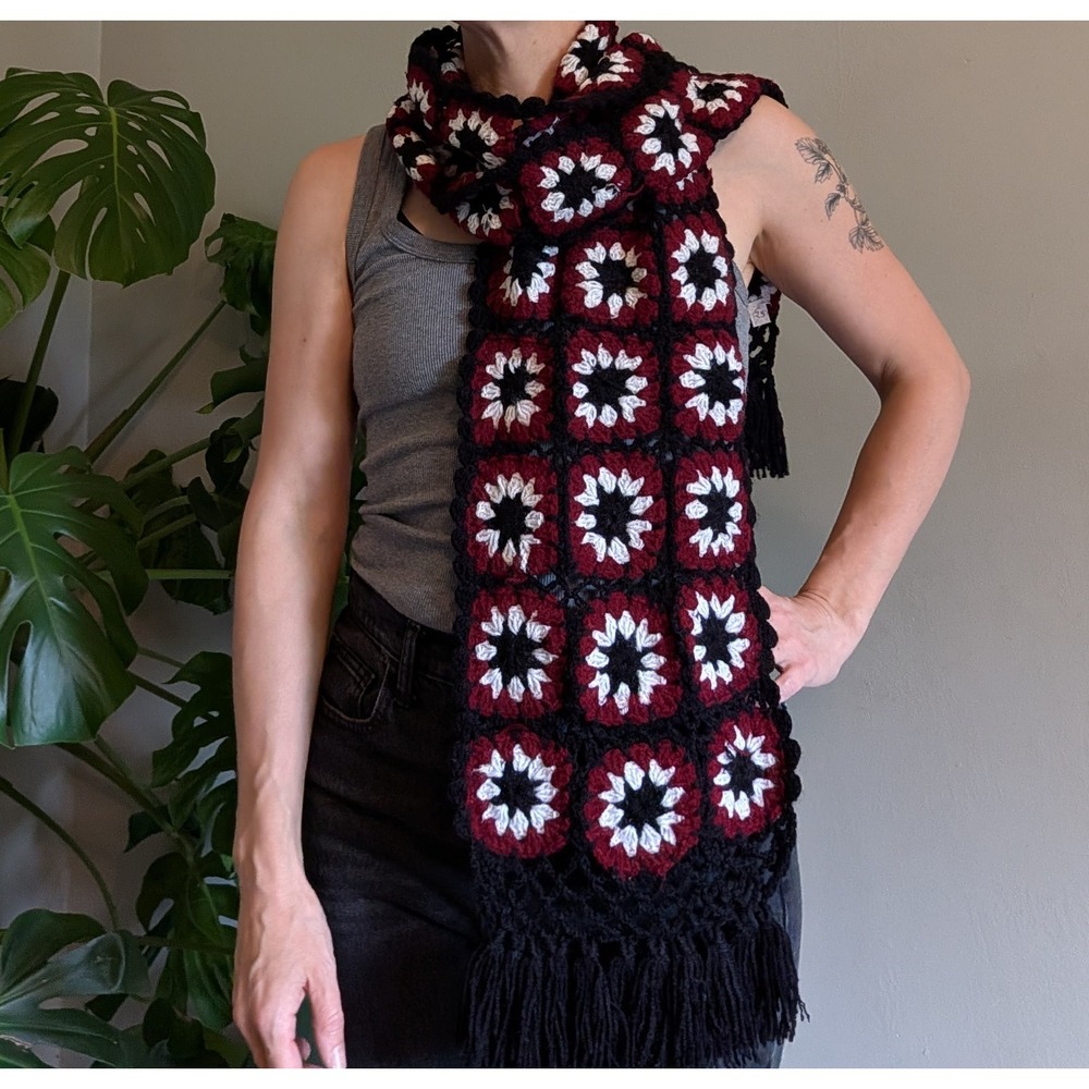 Handmade Crochet Granny Square Scarf Burgundy Black White Floral Fringe Boho